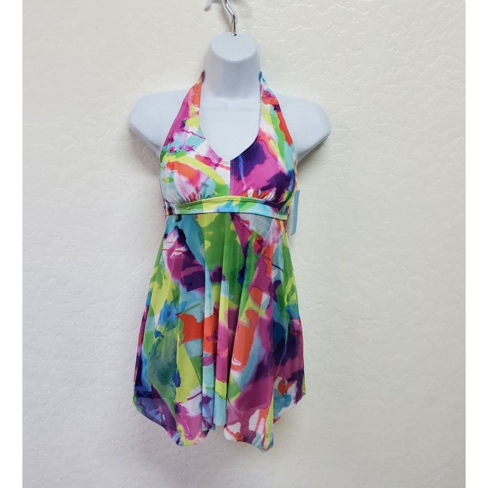 Yonique Women's Halter/Shorts Swimwear Small Black Shorts Floral Overlay NWT